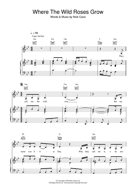 Learn to play Nick Cave Where The Wild Roses Grow sheet music for Piano, Vocal & Guitar (Right-Hand Melody) in minutes. Nick Cave Where The Wild Roses Grow sheet music notes and chords. Download Printable PDF.
