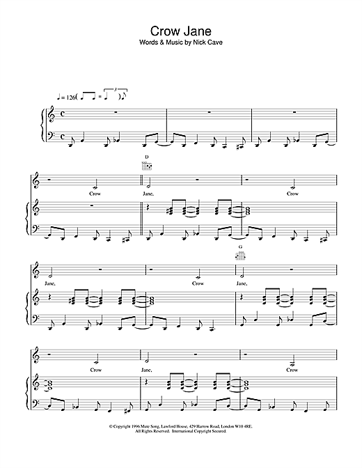 Learn to play Nick Cave Crow Jane sheet music for Piano, Vocal & Guitar in minutes. Nick Cave Crow Jane sheet music notes and chords. Download Printable PDF.