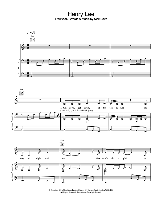 Learn to play Nick Cave Henry Lee sheet music for Piano, Vocal & Guitar (Right-Hand Melody) in minutes. Nick Cave Henry Lee sheet music notes and chords. Download Printable PDF.