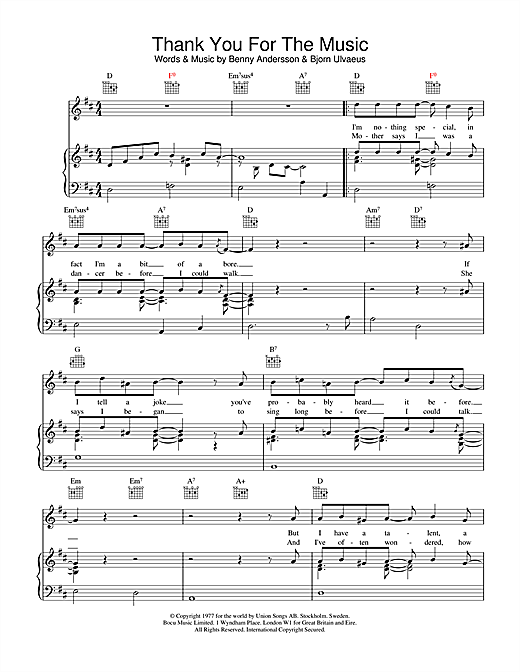 Learn to play ABBA Thank You For The Music sheet music for Piano, Vocal & Guitar (Right-Hand Melody) in minutes. ABBA Thank You For The Music sheet music notes and chords. Download Printable PDF.