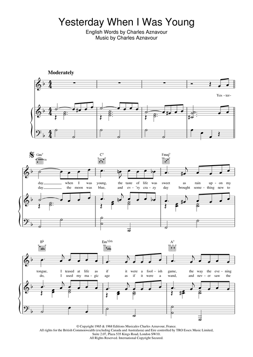 Learn to play Charles Aznavour Yesterday When I Was Young sheet music for Piano, Vocal & Guitar (Right-Hand Melody) in minutes. Charles Aznavour Yesterday When I Was Young sheet music notes and chords. Download Printable PDF.