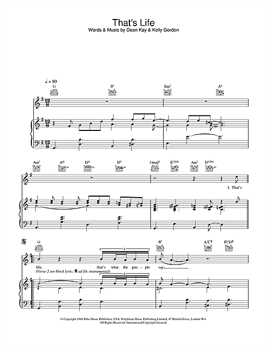 Learn to play Frank Sinatra That's Life sheet music for Piano, Vocal & Guitar (Right-Hand Melody) in minutes. Frank Sinatra That's Life sheet music notes and chords. Download Printable PDF.
