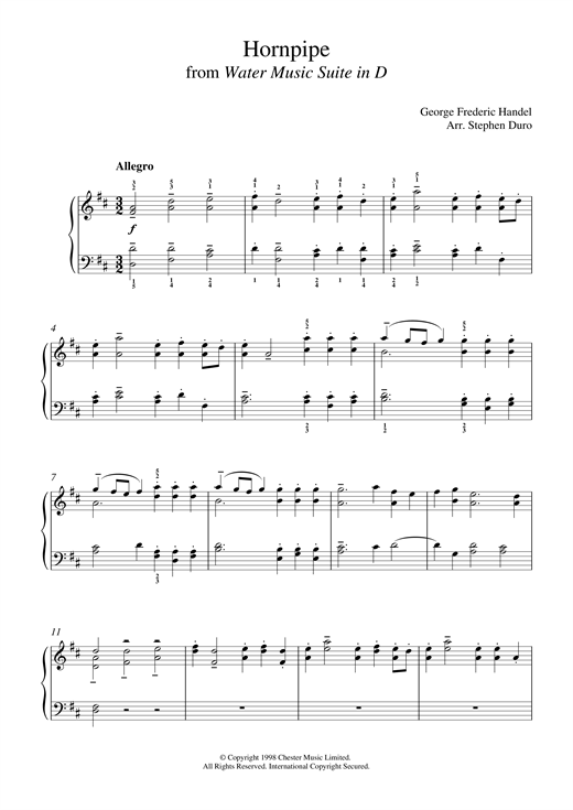 Learn to play George Frideric Handel Hornpipe (from The Water Music Suite) sheet music for Piano in minutes. George Frideric Handel Hornpipe (from The Water Music Suite) sheet music notes and chords. Download Printable PDF.