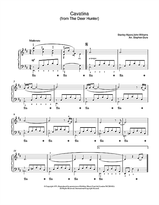 Learn to play Stanley Myers Cavatina (from The Deer Hunter) sheet music for Piano in minutes. Stanley Myers Cavatina (from The Deer Hunter) sheet music notes and chords. Download Printable PDF.