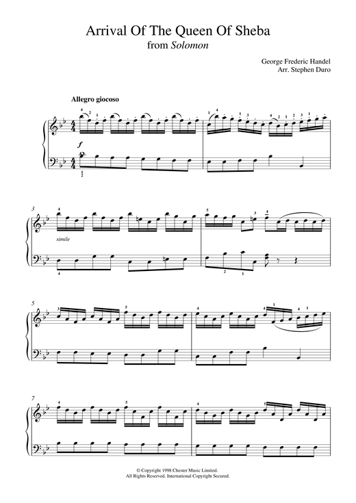 Learn to play George Frideric Handel The Arrival Of The Queen Of Sheba (from Solomon) sheet music for Piano in minutes. George Frideric Handel The Arrival Of The Queen Of Sheba (from Solomon) sheet music notes and chords. Download Printable PDF.