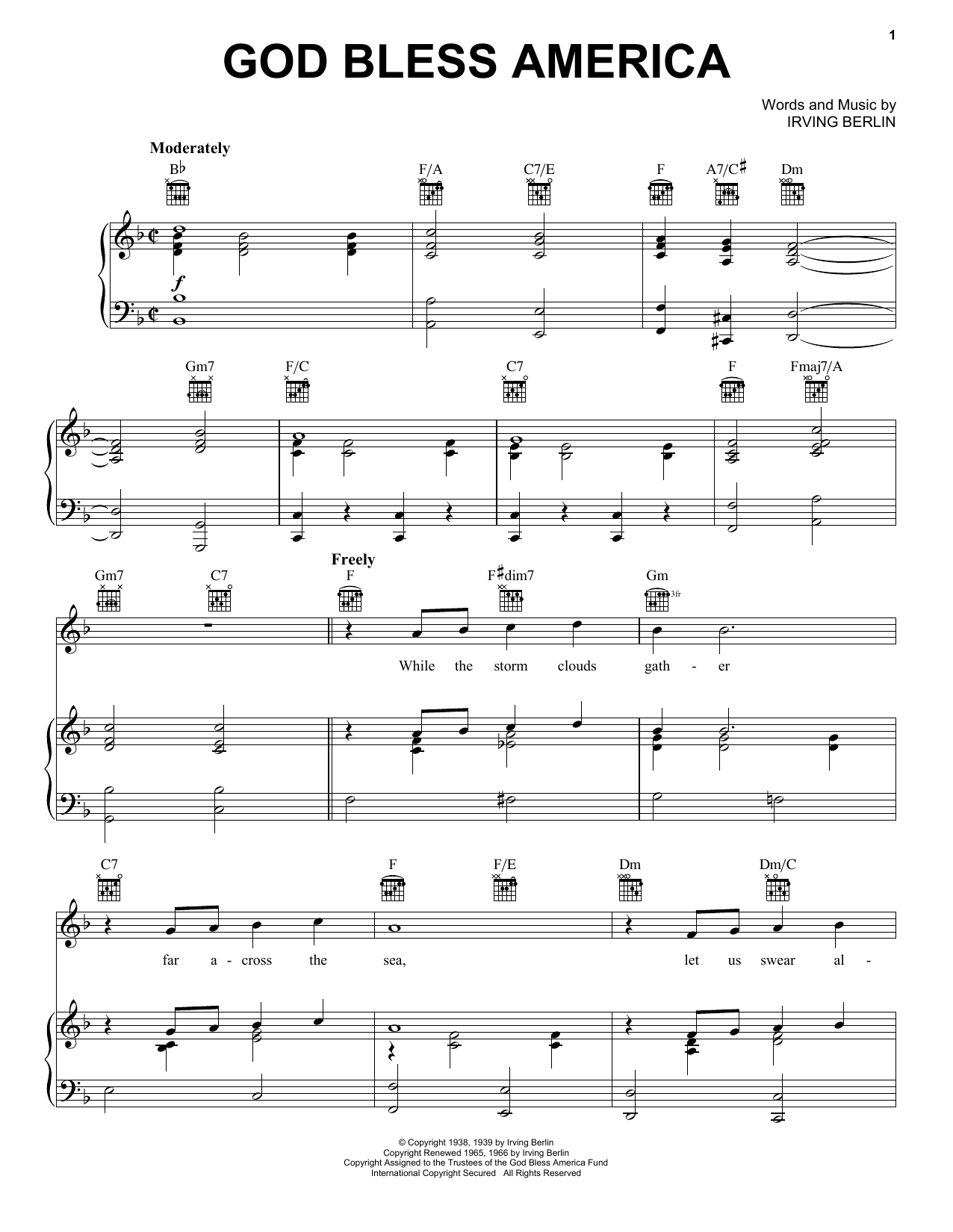 Learn to play Irving Berlin God Bless America sheet music for Piano, Vocal & Guitar (Right-Hand Melody) in minutes. Irving Berlin God Bless America sheet music notes and chords. Download Printable PDF.