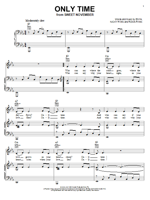 Learn to play Enya Only Time sheet music for Piano, Vocal & Guitar (Right-Hand Melody) in minutes. Enya Only Time sheet music notes and chords. Download Printable PDF.