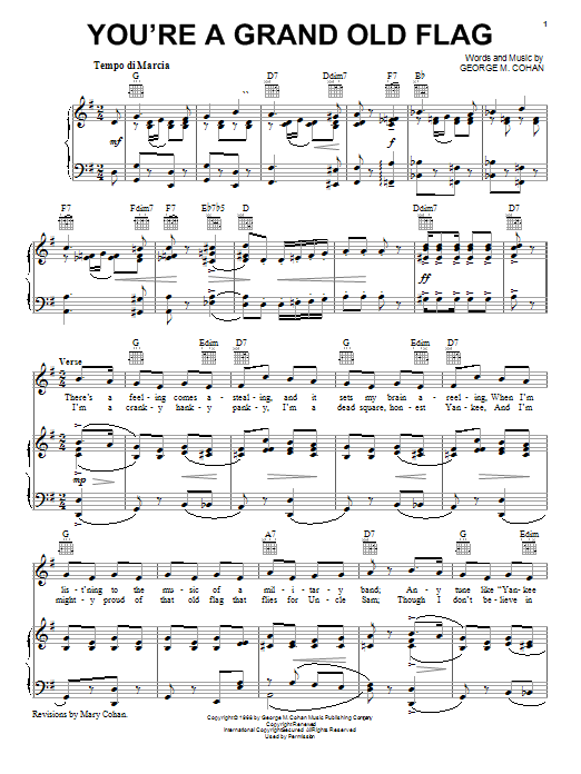 Learn to play George M. Cohan You're A Grand Old Flag sheet music for Piano, Vocal & Guitar (Right-Hand Melody) in minutes. George M. Cohan You're A Grand Old Flag sheet music notes and chords. Download Printable PDF.