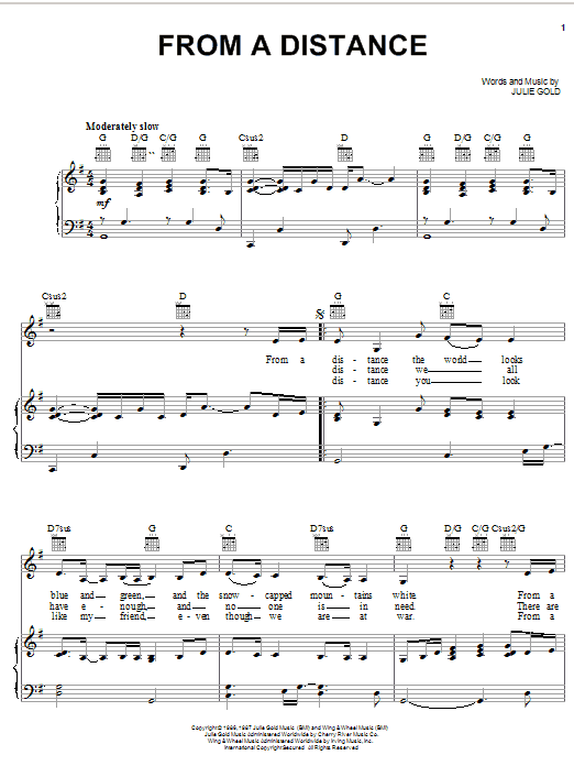 Learn to play Bette Midler From A Distance sheet music for Piano, Vocal & Guitar (Right-Hand Melody) in minutes. Bette Midler From A Distance sheet music notes and chords. Download Printable PDF.