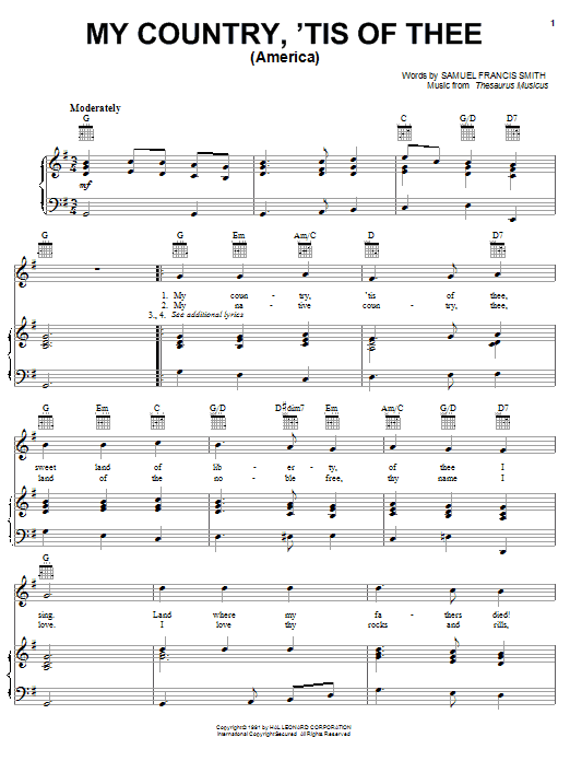 Learn to play Samuel Francis Smith My Country, 'Tis Of Thee (America) sheet music for Piano, Vocal & Guitar (Right-Hand Melody) in minutes. Samuel Francis Smith My Country, 'Tis Of Thee (America) sheet music notes and chords. Download Printable PDF.
