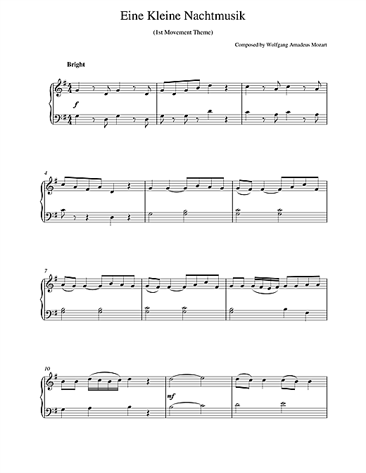 Learn to play Wolfgang Amadeus Mozart Eine Kleine Nachtmusik sheet music for Piano in minutes. Wolfgang Amadeus Mozart Eine Kleine Nachtmusik sheet music notes and chords. Download Printable PDF.