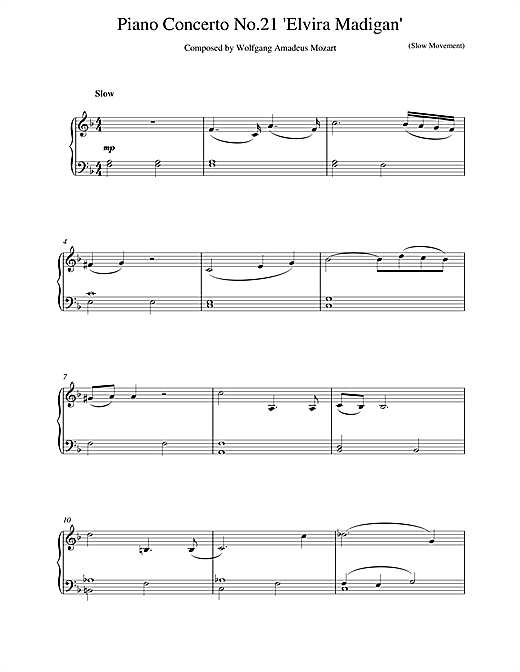 Learn to play Wolfgang Amadeus Mozart Piano Concerto No.21 in C Major (Elvira Madigan), 2nd Movement Excerpt sheet music for Piano in minutes. Wolfgang Amadeus Mozart Piano Concerto No.21 in C Major (Elvira Madigan), 2nd Movement Excerpt sheet music notes and chords. Download Printable PDF.