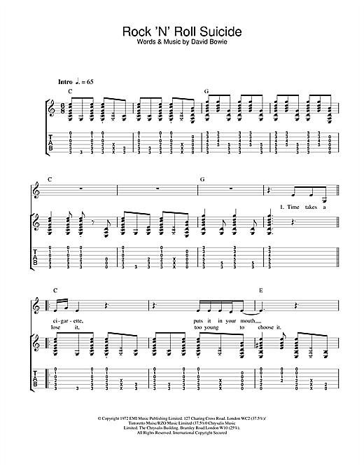 Learn to play David Bowie Rock 'N' Roll Suicide sheet music for Guitar Tab in minutes. David Bowie Rock 'N' Roll Suicide sheet music notes and chords. Download Printable PDF.