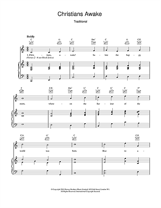 Learn to play Christmas Carol Christians Awake sheet music for Piano, Vocal & Guitar (Right-Hand Melody) in minutes. Christmas Carol Christians Awake sheet music notes and chords. Download Printable PDF.