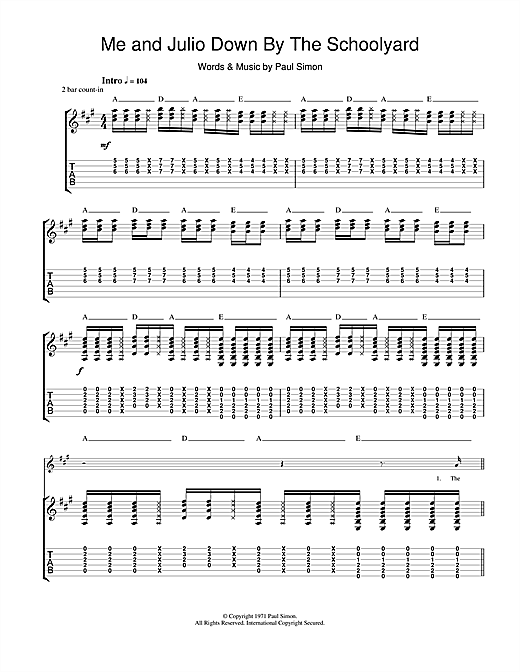 Learn to play Paul Simon Me and Julio Down By The Schoolyard sheet music for Guitar Tab in minutes. Paul Simon Me and Julio Down By The Schoolyard sheet music notes and chords. Download Printable PDF.