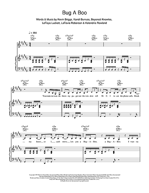 Learn to play Destiny's Child Bug A Boo sheet music for Piano, Vocal & Guitar in minutes. Destiny's Child Bug A Boo sheet music notes and chords. Download Printable PDF.