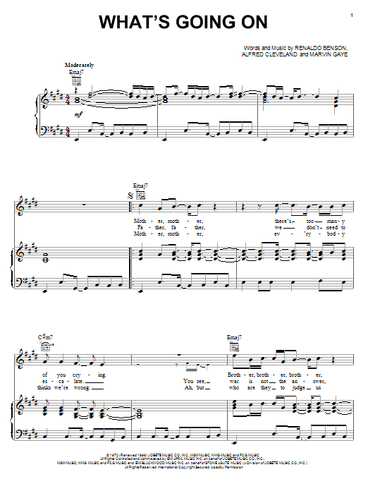 Learn to play Marvin Gaye What's Going On sheet music for Piano, Vocal & Guitar (Right-Hand Melody) in minutes. Marvin Gaye What's Going On sheet music notes and chords. Download Printable PDF.