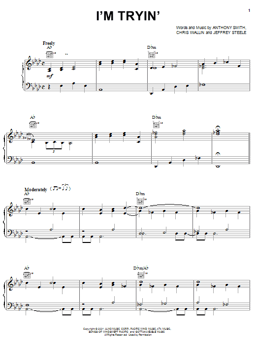 Learn to play Trace Adkins I'm Tryin' sheet music for Piano, Vocal & Guitar (Right-Hand Melody) in minutes. Trace Adkins I'm Tryin' sheet music notes and chords. Download Printable PDF.