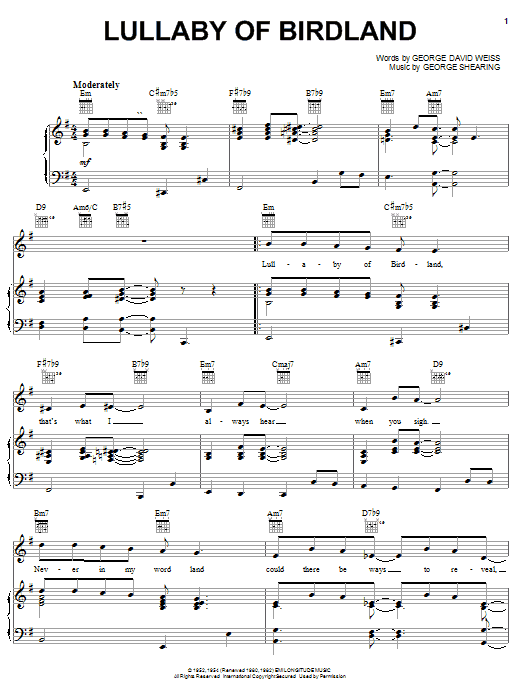 Learn to play George Shearing Lullaby Of Birdland sheet music for Piano, Vocal & Guitar (Right-Hand Melody) in minutes. George Shearing Lullaby Of Birdland sheet music notes and chords. Download Printable PDF.