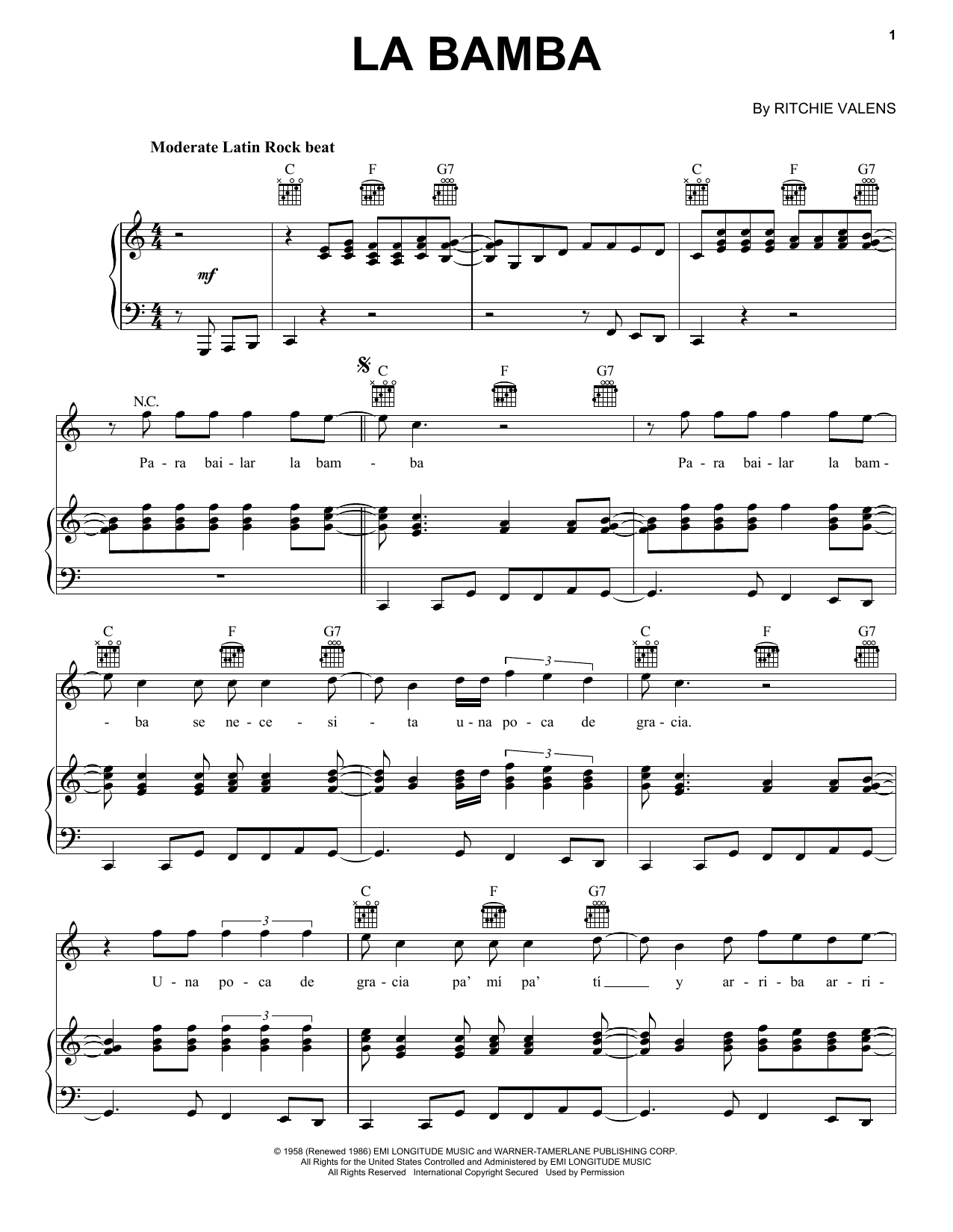 Learn to play Ritchie Valens La Bamba sheet music for Piano, Vocal & Guitar (Right-Hand Melody) in minutes. Ritchie Valens La Bamba sheet music notes and chords. Download Printable PDF.
