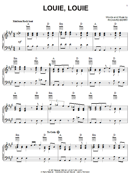 Learn to play The Kingsmen Louie, Louie sheet music for Piano in minutes. The Kingsmen Louie, Louie sheet music notes and chords. Download Printable PDF.