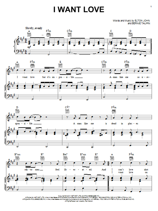 Learn to play Elton John I Want Love sheet music for Piano, Vocal & Guitar (Right-Hand Melody) in minutes. Elton John I Want Love sheet music notes and chords. Download Printable PDF.