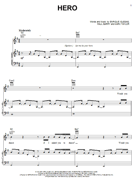 Learn to play Enrique Iglesias Hero sheet music for Piano, Vocal & Guitar (Right-Hand Melody) in minutes. Enrique Iglesias Hero sheet music notes and chords. Download Printable PDF.