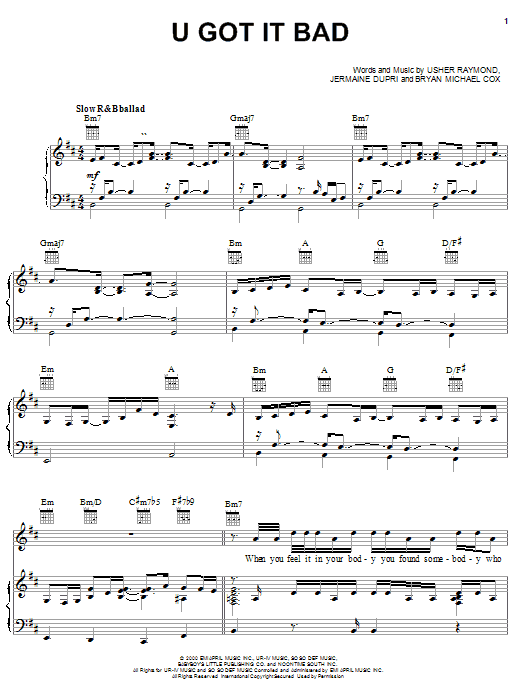 Learn to play Usher U Got It Bad sheet music for Piano, Vocal & Guitar (Right-Hand Melody) in minutes. Usher U Got It Bad sheet music notes and chords. Download Printable PDF.