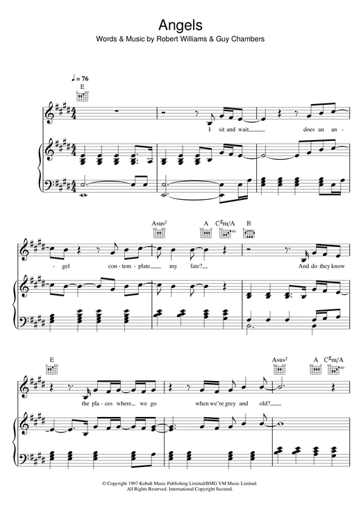 Learn to play Robbie Williams Angels sheet music for Piano, Vocal & Guitar (Right-Hand Melody) in minutes. Robbie Williams Angels sheet music notes and chords. Download Printable PDF.