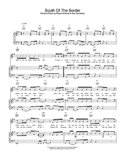 Learn to play Robbie Williams South Of The Border sheet music for Piano, Vocal & Guitar (Right-Hand Melody) in minutes. Robbie Williams South Of The Border sheet music notes and chords. Download Printable PDF.