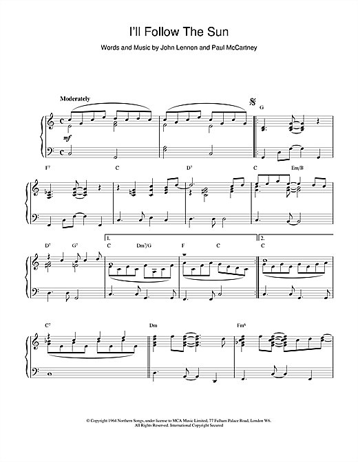 Learn to play The Beatles I'll Follow The Sun sheet music for Piano in minutes. The Beatles I'll Follow The Sun sheet music notes and chords. Download Printable PDF.