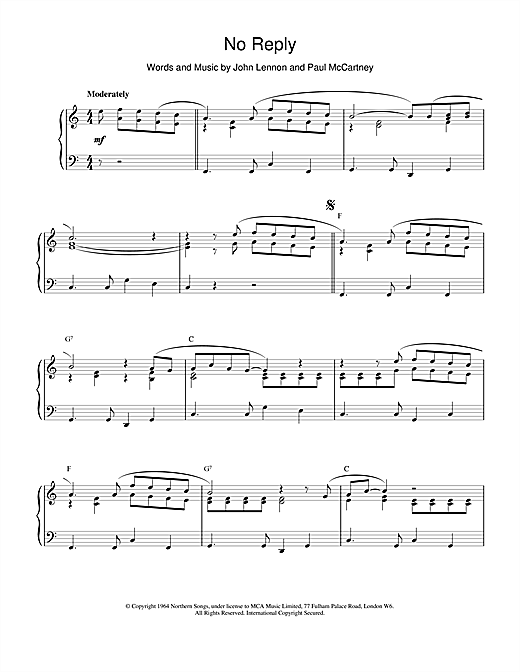 Learn to play The Beatles No Reply sheet music for Piano in minutes. The Beatles No Reply sheet music notes and chords. Download Printable PDF.