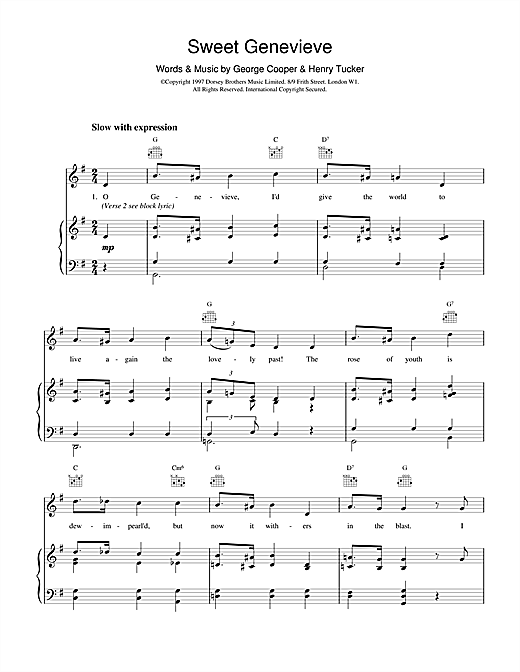 Learn to play George Cooper & Henry Tucker Sweet Genevieve sheet music for Piano, Vocal & Guitar (Right-Hand Melody) in minutes. George Cooper & Henry Tucker Sweet Genevieve sheet music notes and chords. Download Printable PDF.