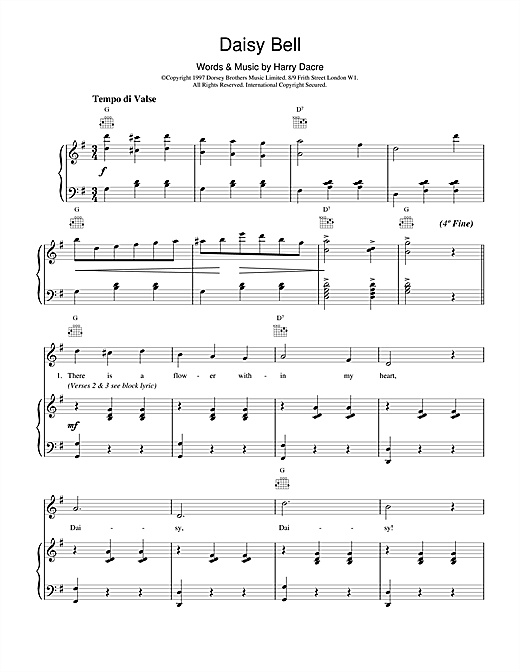 Learn to play Harry Dacre Daisy Bell sheet music for Piano, Vocal & Guitar (Right-Hand Melody) in minutes. Harry Dacre Daisy Bell sheet music notes and chords. Download Printable PDF.