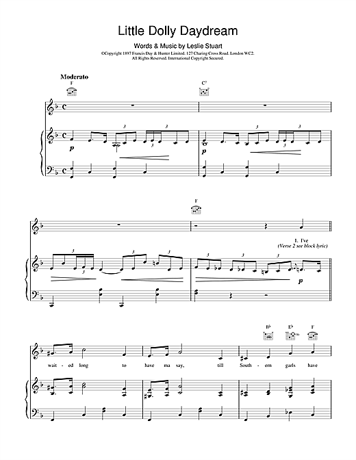 Learn to play Leslie Stuart Little Dolly Daydream sheet music for Piano, Vocal & Guitar (Right-Hand Melody) in minutes. Leslie Stuart Little Dolly Daydream sheet music notes and chords. Download Printable PDF.
