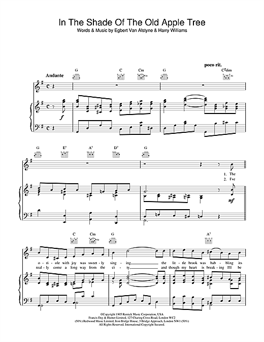 Learn to play Egbert Van Alstyne & Harry Williams In The Shade Of The Old Apple Tree sheet music for Piano, Vocal & Guitar (Right-Hand Melody) in minutes. Egbert Van Alstyne & Harry Williams In The Shade Of The Old Apple Tree sheet music notes and chords. Download Printable PDF.