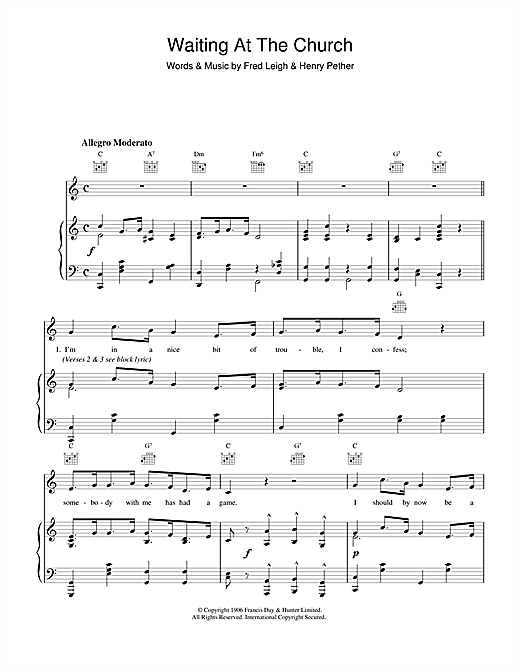 Learn to play Fred Leigh & Henry Pether Waiting At The Church sheet music for Piano, Vocal & Guitar (Right-Hand Melody) in minutes. Fred Leigh & Henry Pether Waiting At The Church sheet music notes and chords. Download Printable PDF.