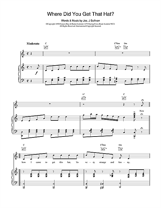 Learn to play Jos J. Sullivan Where Did You Get That Hat? sheet music for Piano, Vocal & Guitar in minutes. Jos J. Sullivan Where Did You Get That Hat? sheet music notes and chords. Download Printable PDF.