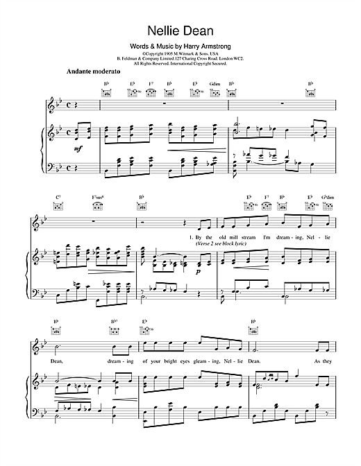 Learn to play Harry Armstrong Nellie Dean sheet music for Piano, Vocal & Guitar (Right-Hand Melody) in minutes. Harry Armstrong Nellie Dean sheet music notes and chords. Download Printable PDF.