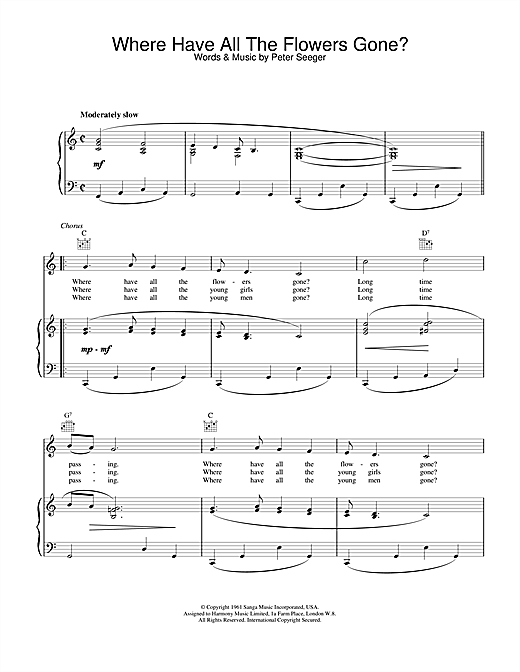 Learn to play Pete Seeger Where Have All The Flowers Gone sheet music for Piano, Vocal & Guitar (Right-Hand Melody) in minutes. Pete Seeger Where Have All The Flowers Gone sheet music notes and chords. Download Printable PDF.