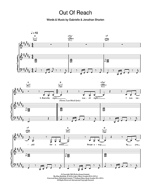 Learn to play Gabrielle Out Of Reach sheet music for Piano, Vocal & Guitar in minutes. Gabrielle Out Of Reach sheet music notes and chords. Download Printable PDF.