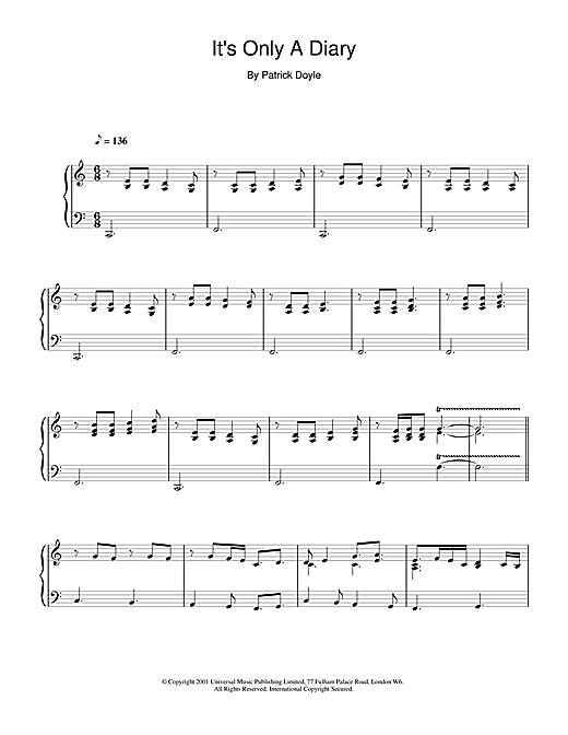 Learn to play Patrick Doyle It's Only A Diary (from Bridget Jones's Diary) sheet music for Piano in minutes. Patrick Doyle It's Only A Diary (from Bridget Jones's Diary) sheet music notes and chords. Download Printable PDF.