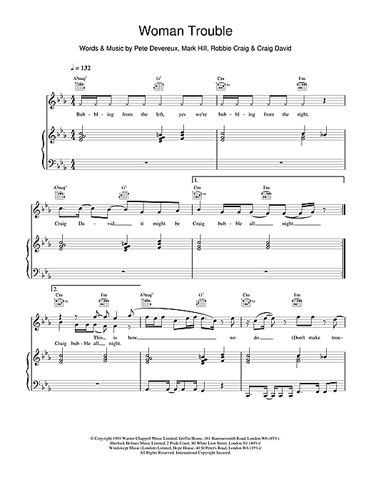Learn to play Craig David Woman Trouble sheet music for Piano, Vocal & Guitar in minutes. Craig David Woman Trouble sheet music notes and chords. Download Printable PDF.