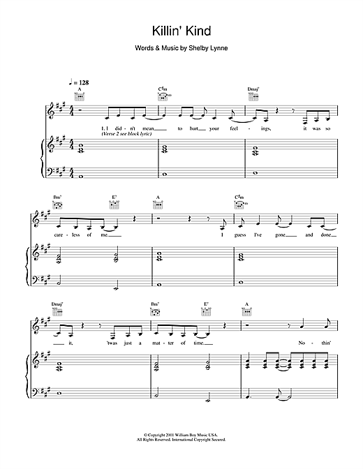 Learn to play Shelby Lynne Killin' Kind sheet music for Piano, Vocal & Guitar in minutes. Shelby Lynne Killin' Kind sheet music notes and chords. Download Printable PDF.