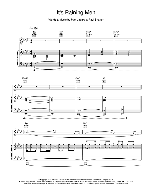 Learn to play Geri Halliwell It's Raining Men sheet music for Piano, Vocal & Guitar in minutes. Geri Halliwell It's Raining Men sheet music notes and chords. Download Printable PDF.