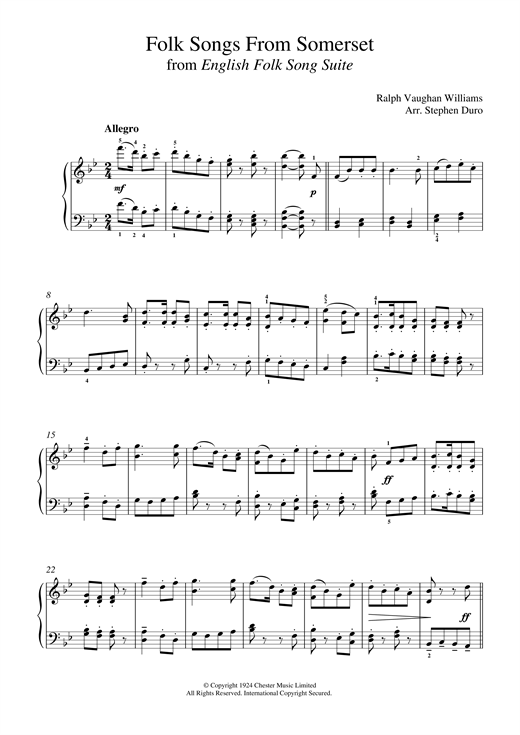 Learn to play Ralph Vaughan Williams Folk Songs From Somerset from English Folk Song Suite sheet music for Piano in minutes. Ralph Vaughan Williams Folk Songs From Somerset from English Folk Song Suite sheet music notes and chords. Download Printable PDF.