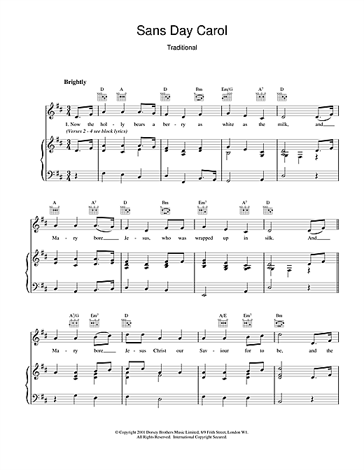 Learn to play Christmas Carol Sans Day Carol sheet music for Piano, Vocal & Guitar (Right-Hand Melody) in minutes. Christmas Carol Sans Day Carol sheet music notes and chords. Download Printable PDF.