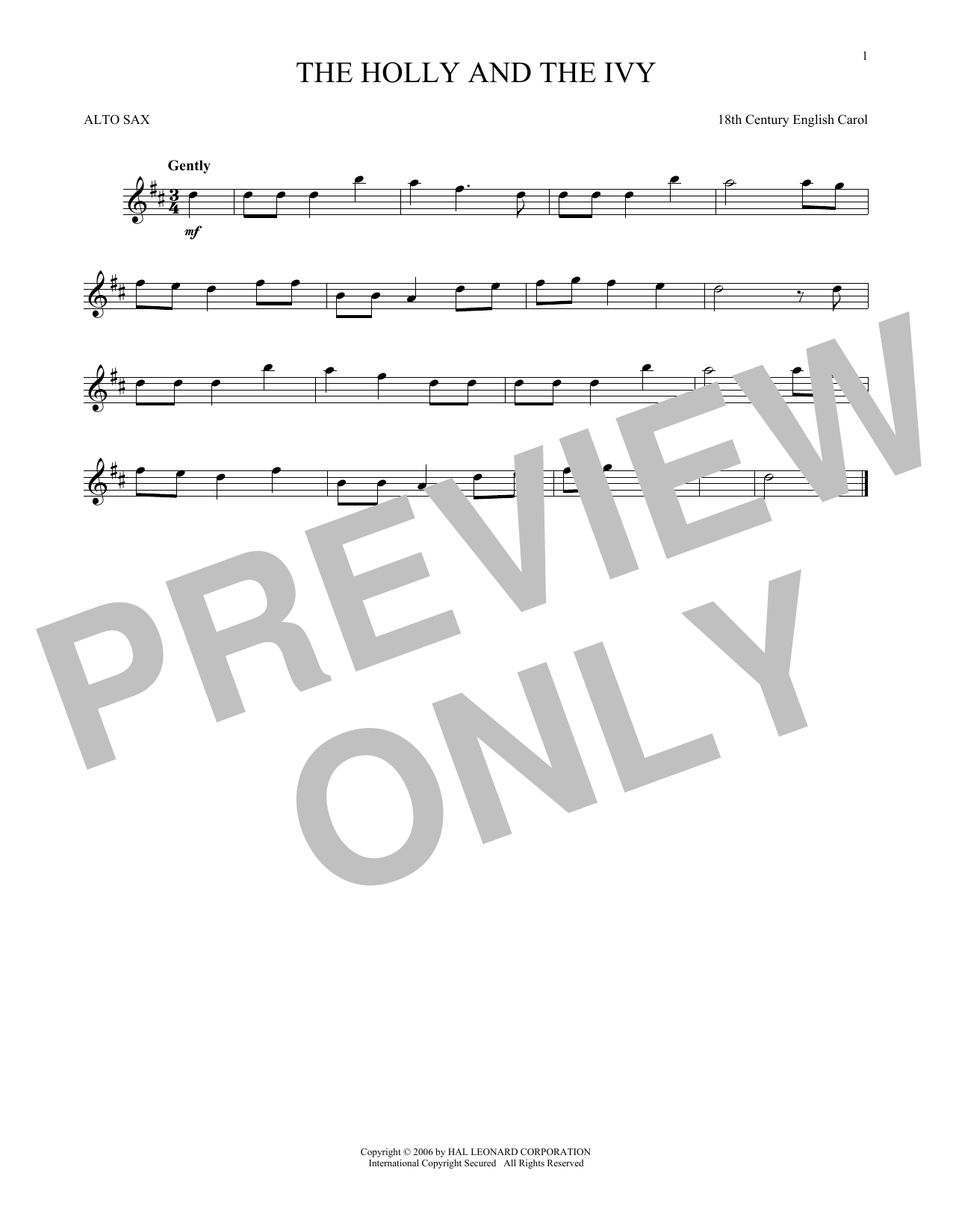 Download 18th Century English Carol The Holly And The Ivy Sheet Music and learn how to play Alto Saxophone PDF digital score in minutes