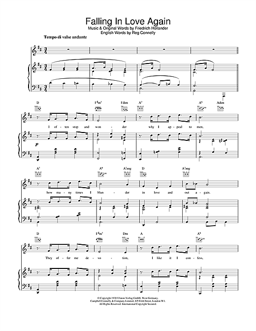Learn to play Marlene Dietrich Falling In Love Again sheet music for Piano, Vocal & Guitar (Right-Hand Melody) in minutes. Marlene Dietrich Falling In Love Again sheet music notes and chords. Download Printable PDF.