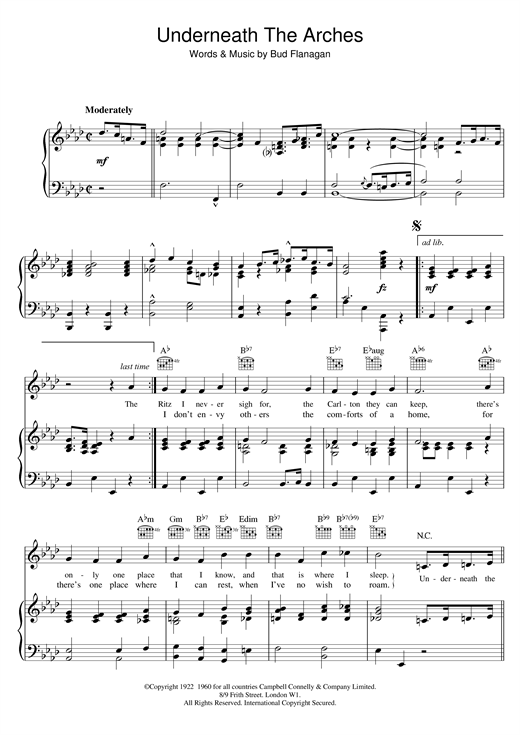 Learn to play Bud Flanagan Underneath The Arches sheet music for Piano, Vocal & Guitar (Right-Hand Melody) in minutes. Bud Flanagan Underneath The Arches sheet music notes and chords. Download Printable PDF.